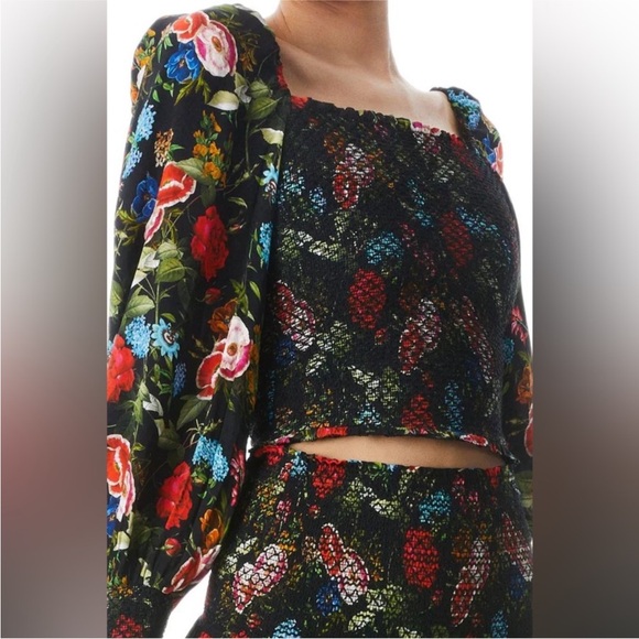 Alice + Olivia sz M Smocked Cooper Top Wild and Free Floral Puff Sleeves Medium - Picture 3 of 9